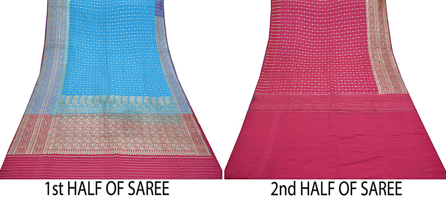 Indian Vintage Heavy Sari Pink & Blue Pure Satin Silk Woven Brocade Banarasi Sarees Zari 5Yd Ethnic Craft Fabric Dress Making Upcycle