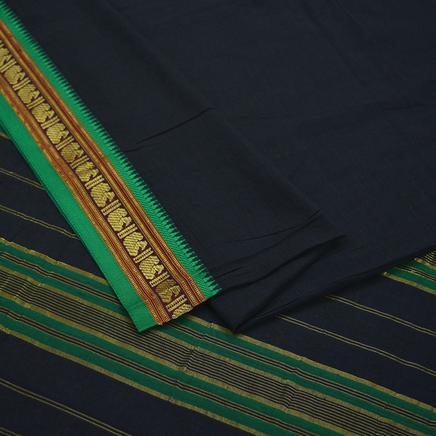 Vintage Sari Black Pure Cotton Hand Woven Sarees 5Yd Craft Fabric Soft Floral Golden Zari Dress Making Crafting Upcycle Quilting Used