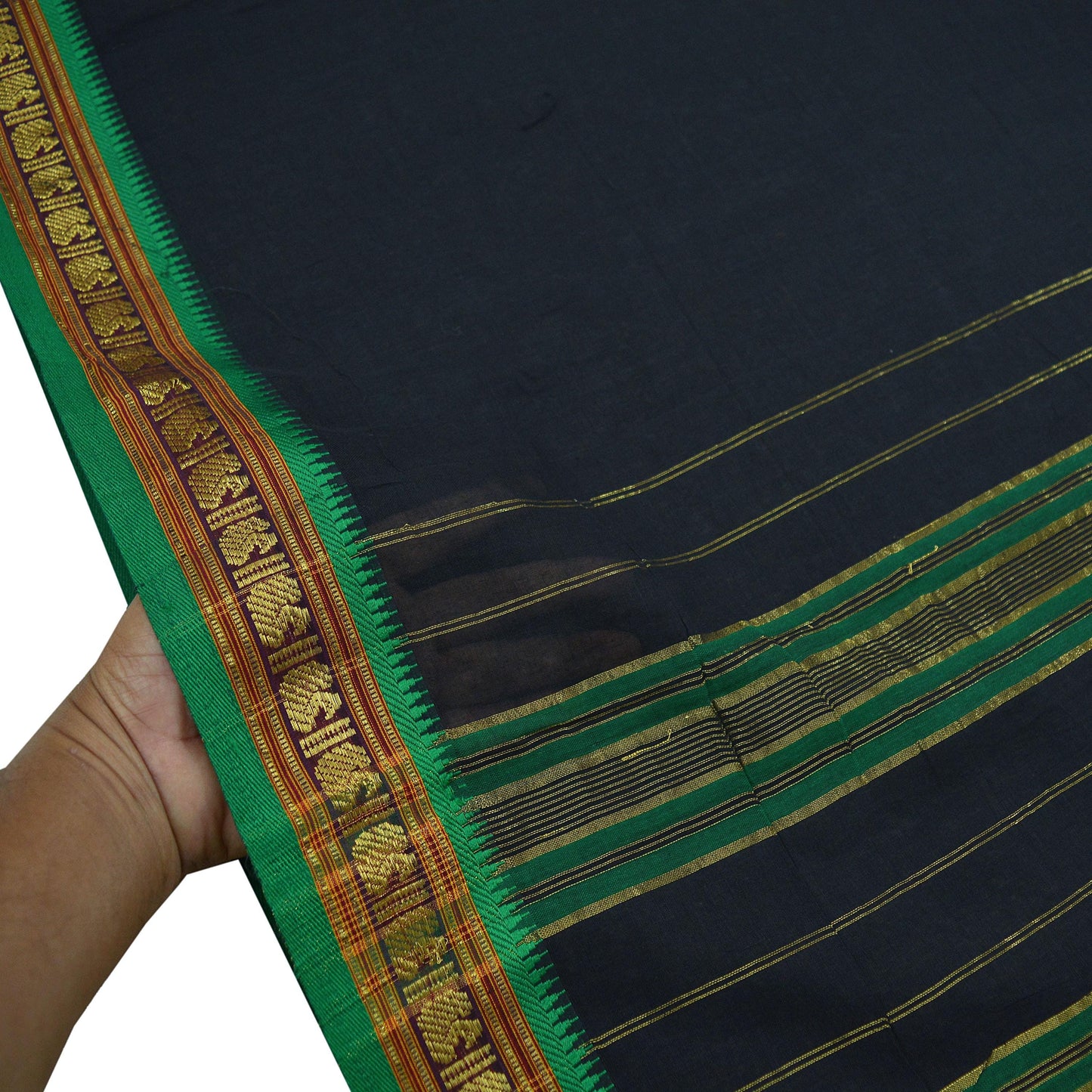 Vintage Sari Black Pure Cotton Hand Woven Sarees 5Yd Craft Fabric Soft Floral Golden Zari Dress Making Crafting Upcycle Quilting Used