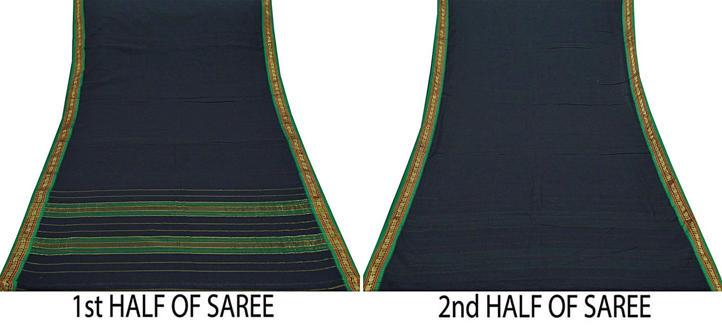 Vintage Sari Black Pure Cotton Hand Woven Sarees 5Yd Craft Fabric Soft Floral Golden Zari Dress Making Crafting Upcycle Quilting Used