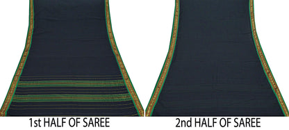 Vintage Sari Black Pure Cotton Hand Woven Sarees 5Yd Craft Fabric Soft Floral Golden Zari Dress Making Crafting Upcycle Quilting Used