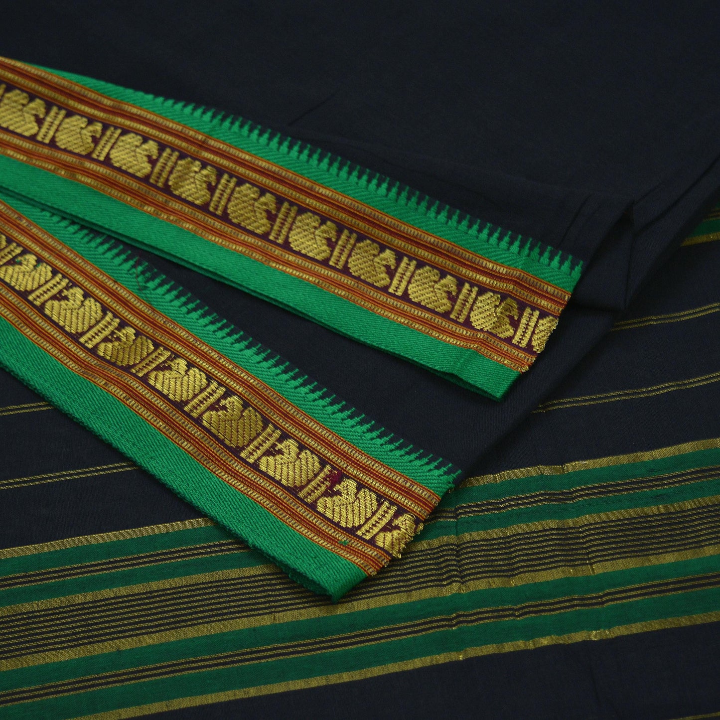Vintage Sari Black Pure Cotton Hand Woven Sarees 5Yd Craft Fabric Soft Floral Golden Zari Dress Making Crafting Upcycle Quilting Used
