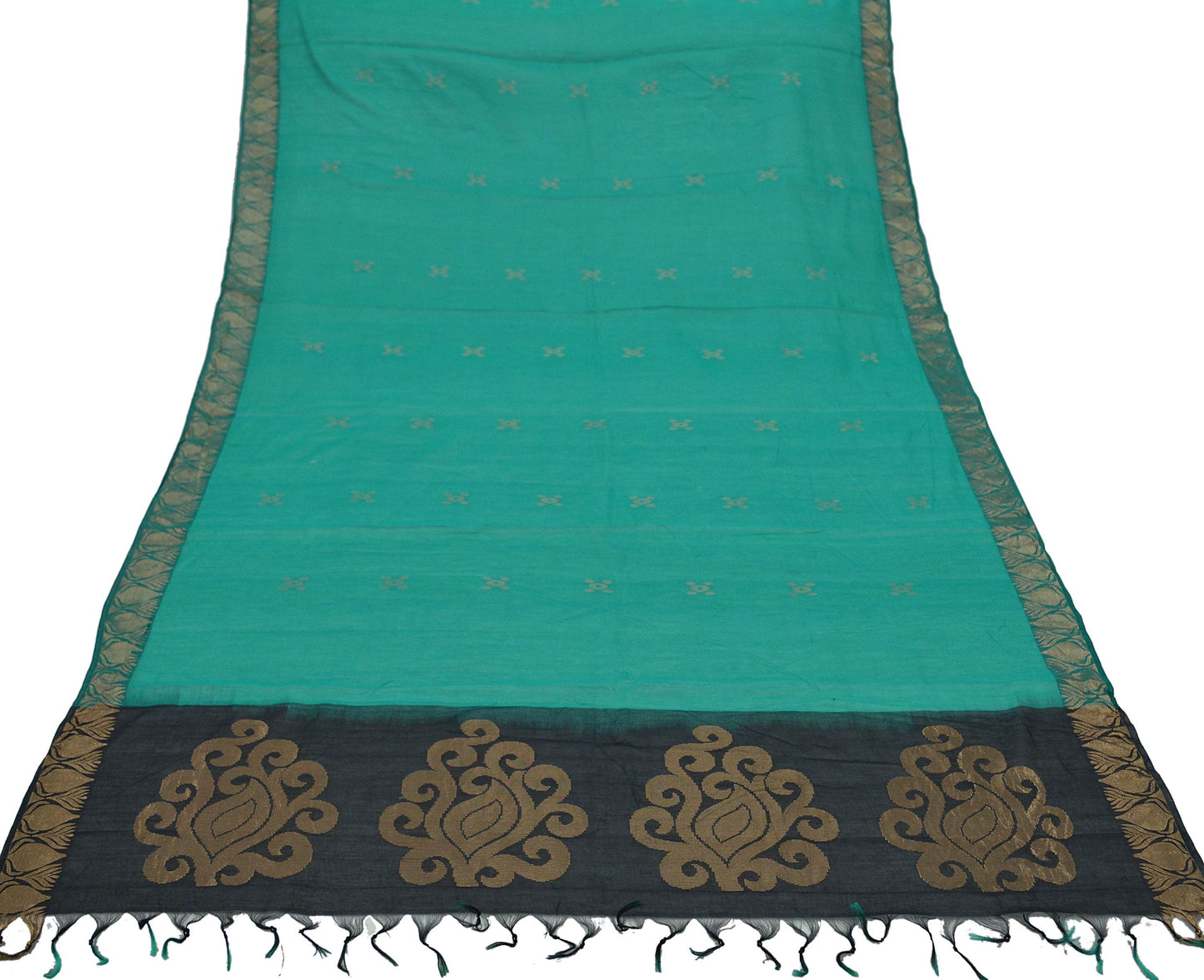 Indian Vintage Dupatta Black & Green Long Stole Hand Woven Pure Chanderi Silk Scarves Veil Zari Soft Fringes Scarf Wrap Boho