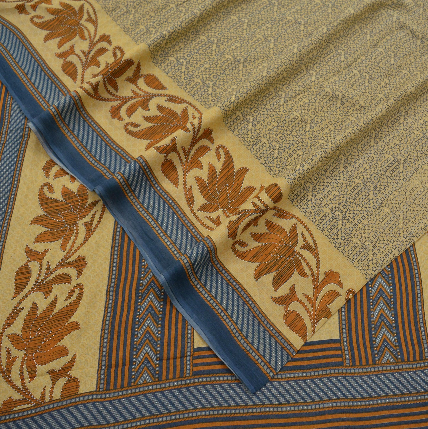 Indian Vintage Sari Blue & Beige Printed Saree 100% Pure Cotton Craft Fabric 5Yd Soft Sewing Sarong Wrap Floral Upcycle Crafting Quilting