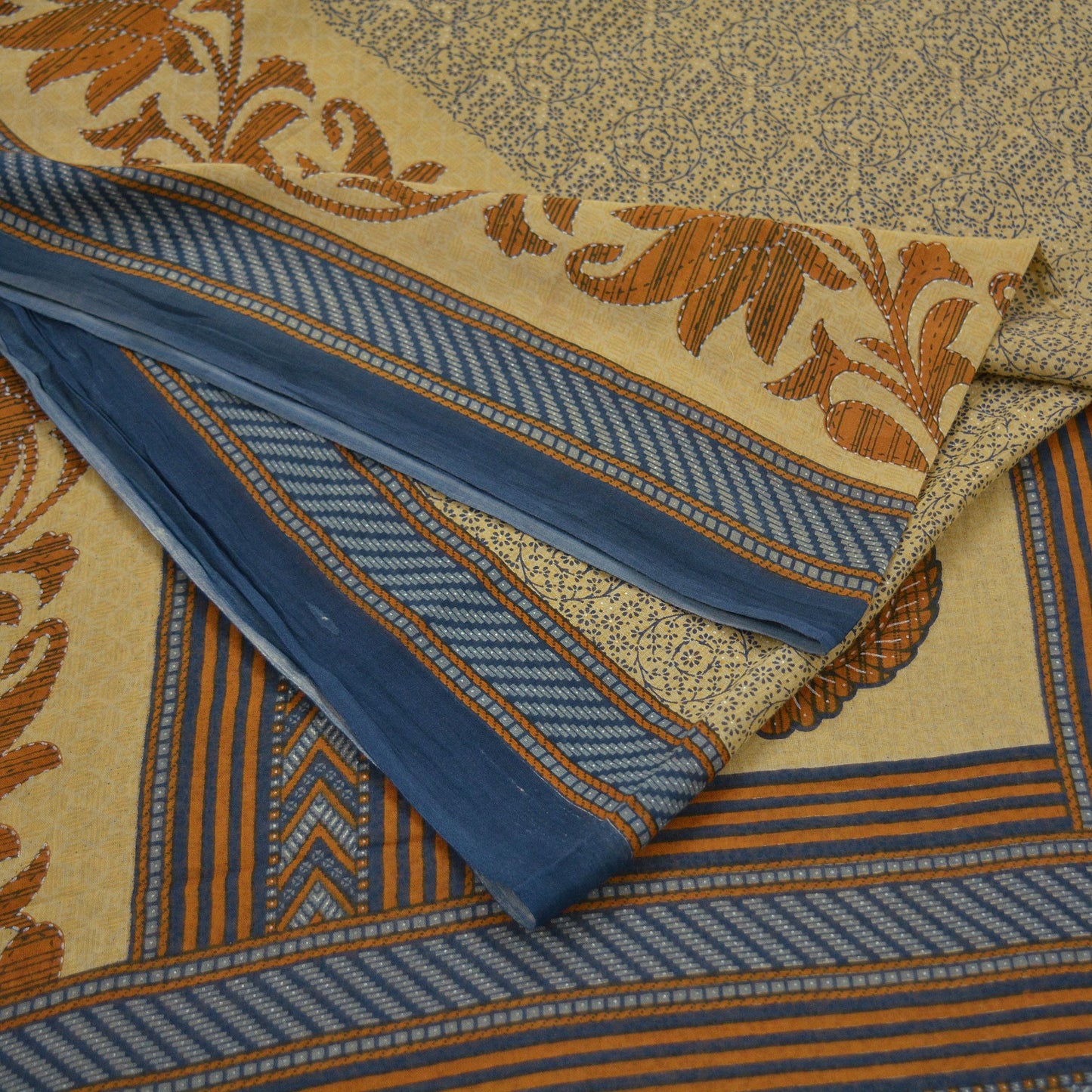 Indian Vintage Sari Blue & Beige Printed Saree 100% Pure Cotton Craft Fabric 5Yd Soft Sewing Sarong Wrap Floral Upcycle Crafting Quilting