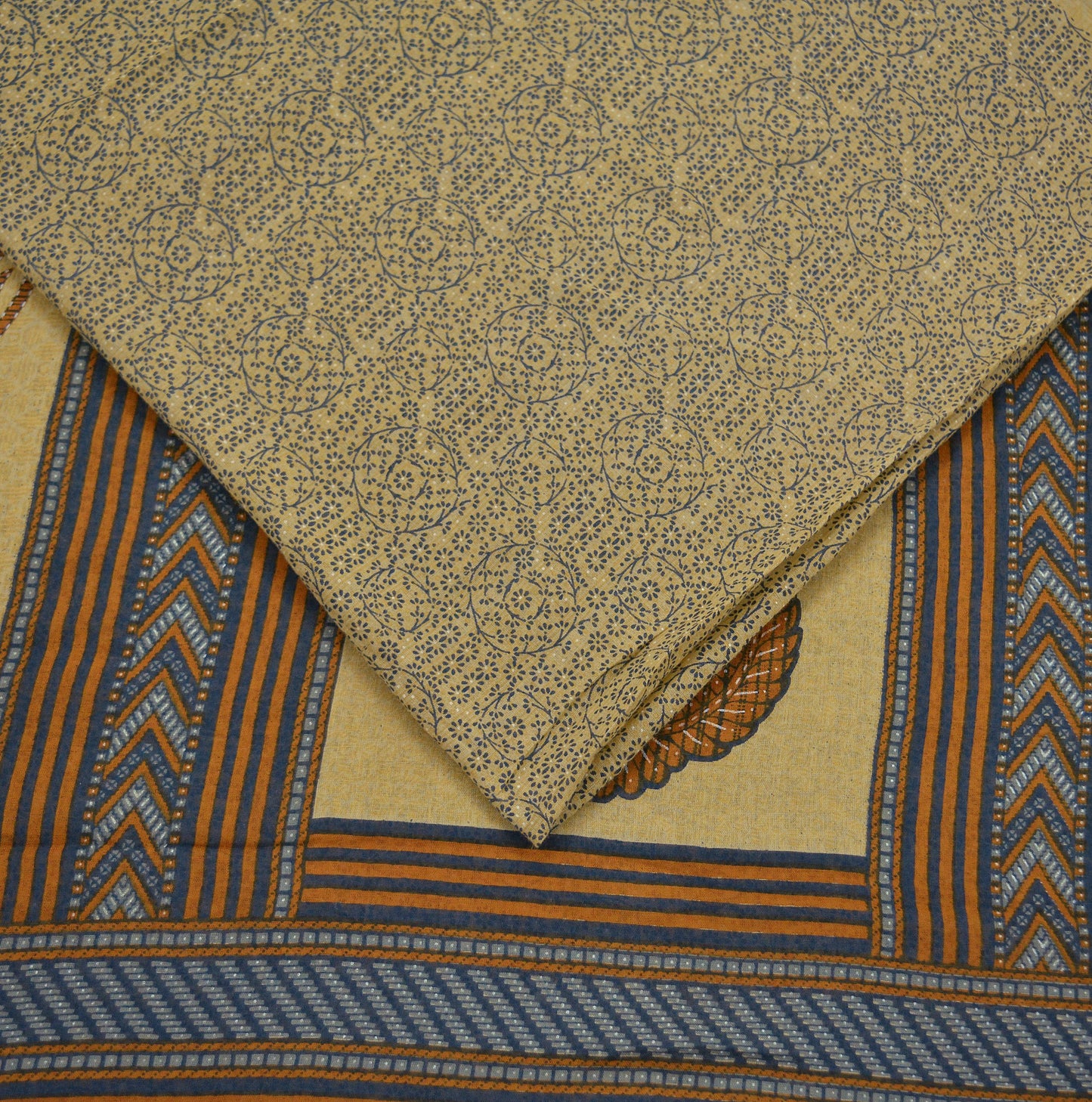 Indian Vintage Sari Blue & Beige Printed Saree 100% Pure Cotton Craft Fabric 5Yd Soft Sewing Sarong Wrap Floral Upcycle Crafting Quilting