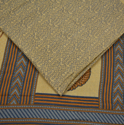 Indian Vintage Sari Blue & Beige Printed Saree 100% Pure Cotton Craft Fabric 5Yd Soft Sewing Sarong Wrap Floral Upcycle Crafting Quilting