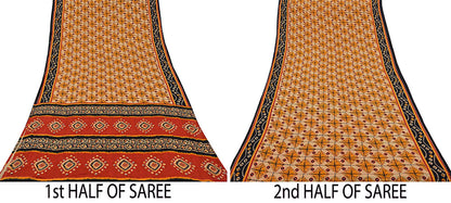 Indian Vintage Sari Red & Beige Printed Saree 100% Pure Cotton Craft Fabric 5Yd Soft Sewing Sarong Wrap Floral Upcycle Crafting Quilting