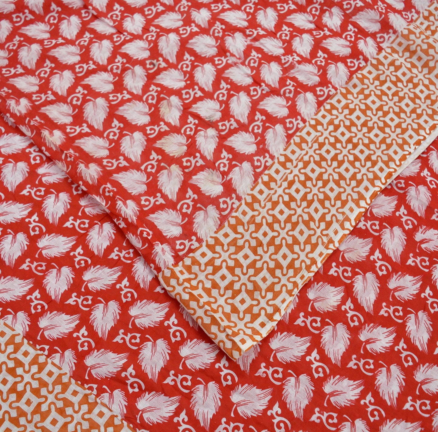 Indian Vintage Saffron & Red Saree Printed Pure Cotton Indian Sari Craft Fabric Soft 5Yd Sewing Sarong Wrap Boho Floral Quilting Crafting
