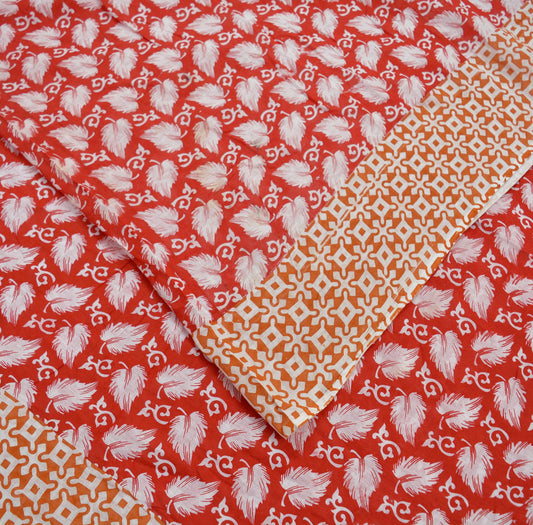 Indian Vintage Saffron & Red Saree Printed Pure Cotton Indian Sari Craft Fabric Soft 5Yd Sewing Sarong Wrap Boho Floral Quilting Crafting