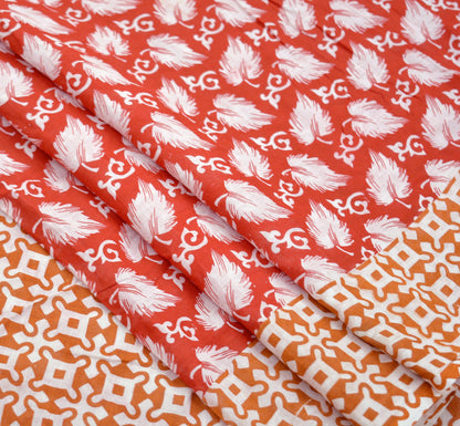 Indian Vintage Saffron & Red Saree Printed Pure Cotton Indian Sari Craft Fabric Soft 5Yd Sewing Sarong Wrap Boho Floral Quilting Crafting
