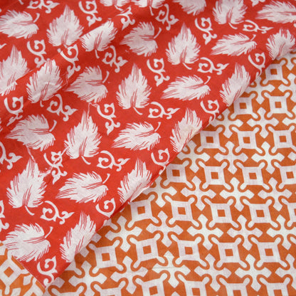 Indian Vintage Saffron & Red Saree Printed Pure Cotton Indian Sari Craft Fabric Soft 5Yd Sewing Sarong Wrap Boho Floral Quilting Crafting