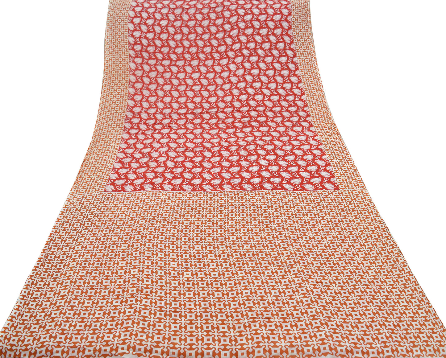 Indian Vintage Saffron & Red Saree Printed Pure Cotton Indian Sari Craft Fabric Soft 5Yd Sewing Sarong Wrap Boho Floral Quilting Crafting