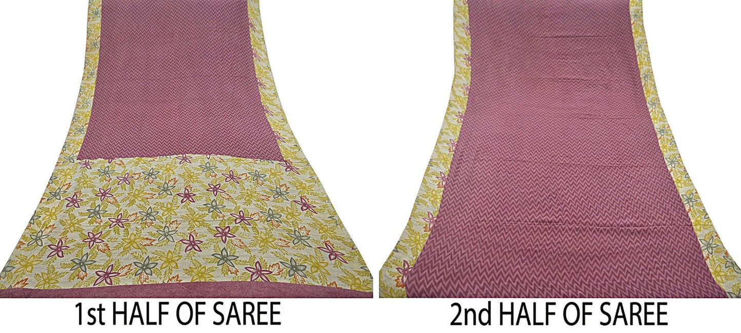 Indian Vintage Sari Ivory & Purple Pure Crepe Silk Printed Sarees Craft Fabric 5yd Sewing Floral Soft Wrap Dress making Upcycle Quilting