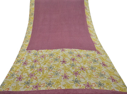 Indian Vintage Sari Ivory & Purple Pure Crepe Silk Printed Sarees Craft Fabric 5yd Sewing Floral Soft Wrap Dress making Upcycle Quilting