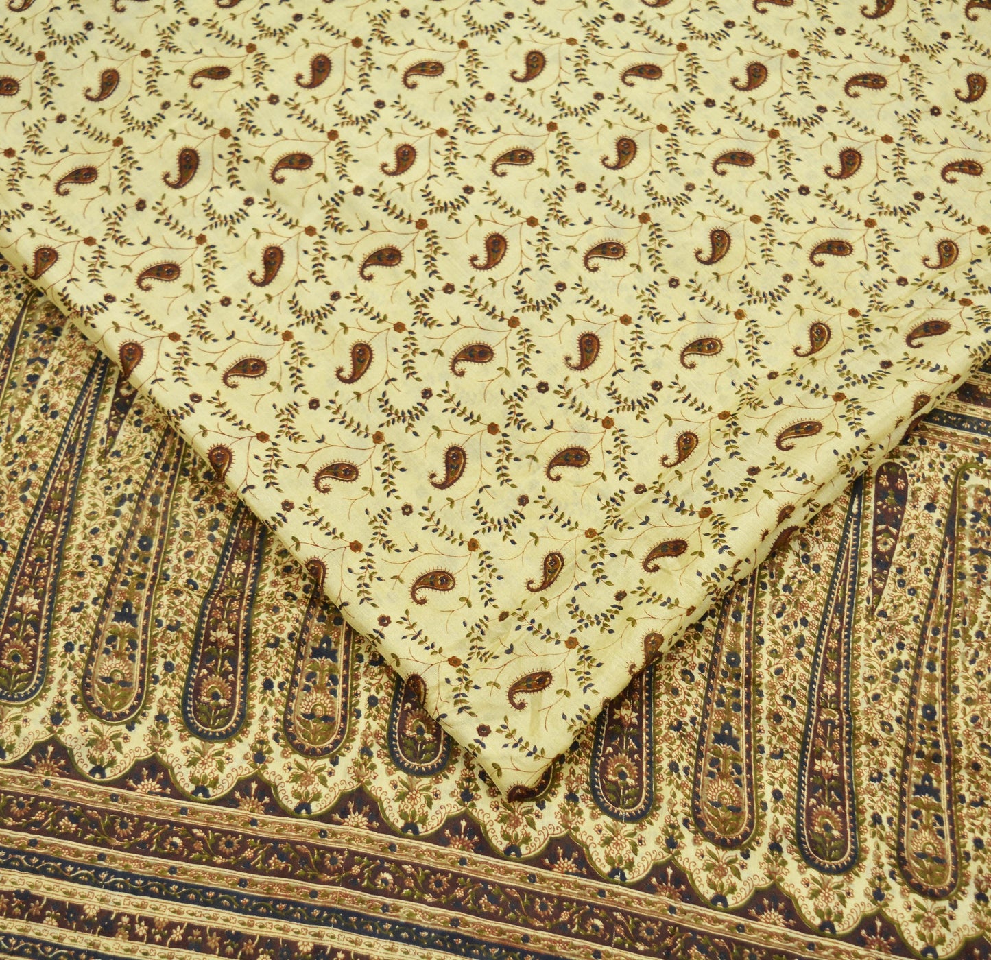 Indian Vintage Sari Brown & Beige Pure Silk Printed Sarees Craft Fabric 6yd Sewing Dress Making Soft Paisley Upcycle Crafting Quilting