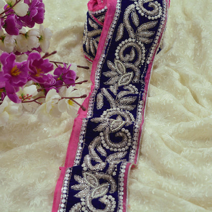 Indian Vintage Blue & Pink Sari Border Hand Embroidered Craft Trim Lace Sewing Sari Ribbon Velvet