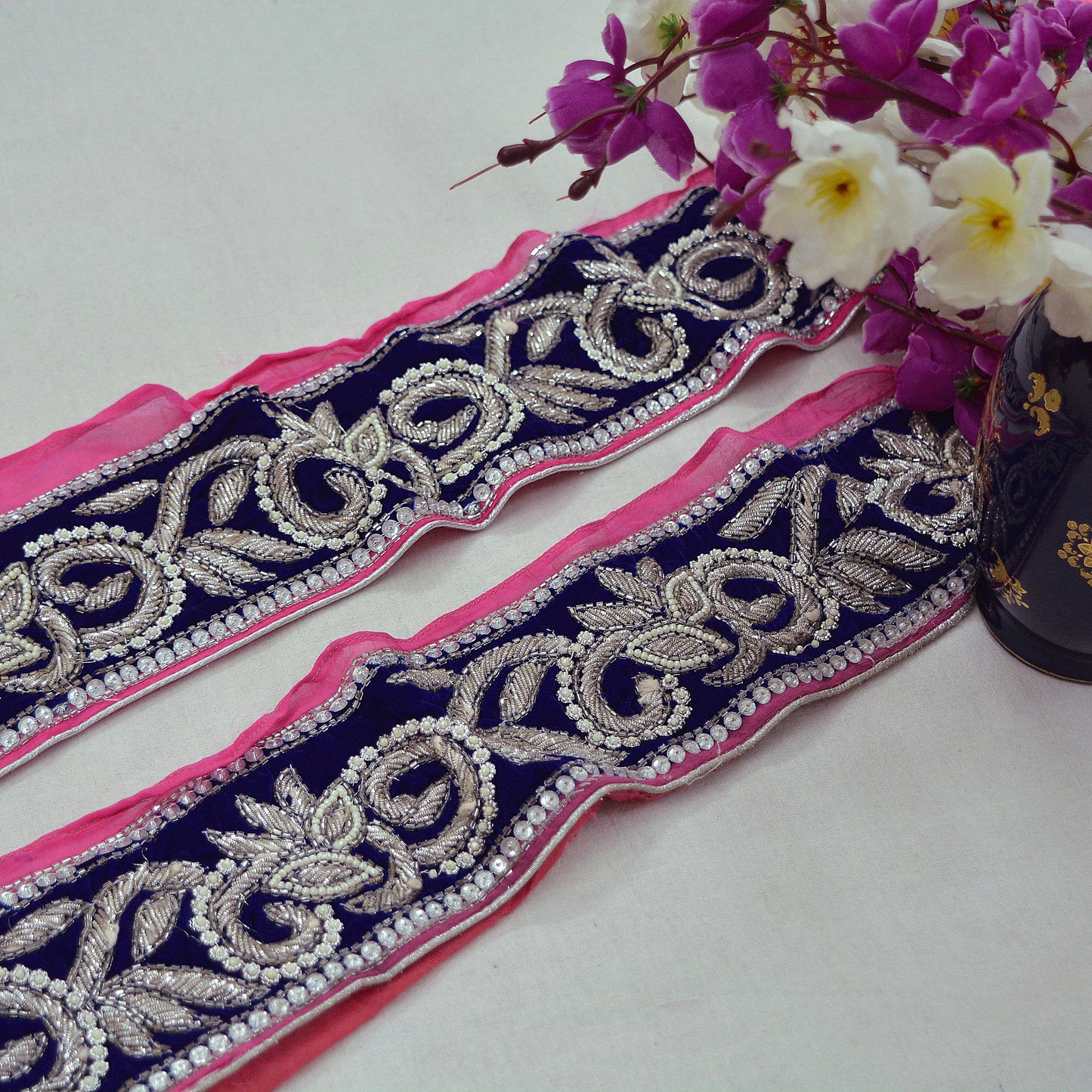 Indian Vintage Blue & Pink Sari Border Hand Embroidered Craft Trim Lace Sewing Sari Ribbon Velvet