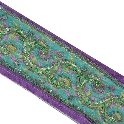 Indian Vintage Green & Purple Sari Border Hand Embroidered Craft Trim Lace Sewing Sari Ribbon Velvet Dress making Crafting Quilting Upcycle