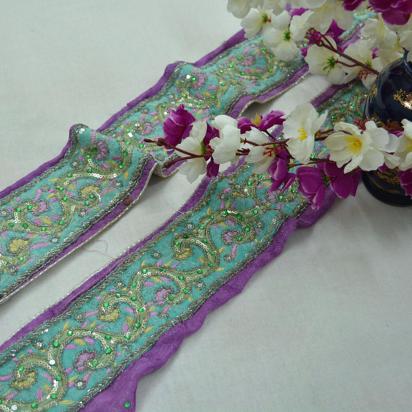 Indian Vintage Green & Purple Sari Border Hand Embroidered Craft Trim Lace Sewing Sari Ribbon Velvet Dress making Crafting Quilting Upcycle