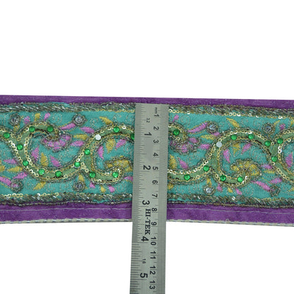 Indian Vintage Green & Purple Sari Border Hand Embroidered Craft Trim Lace Sewing Sari Ribbon Velvet Dress making Crafting Quilting Upcycle