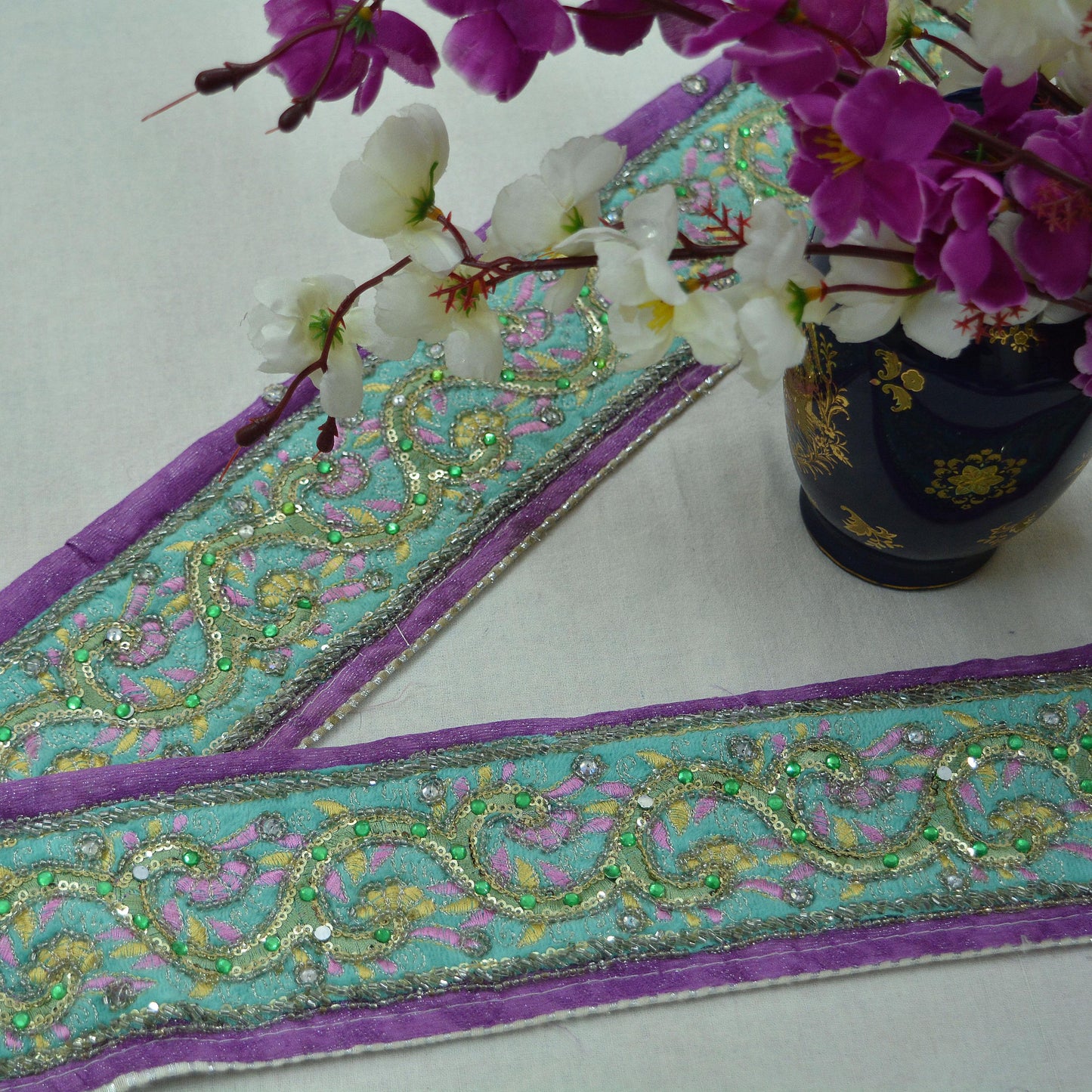 Indian Vintage Green & Purple Sari Border Hand Embroidered Craft Trim Lace Sewing Sari Ribbon Velvet Dress making Crafting Quilting Upcycle