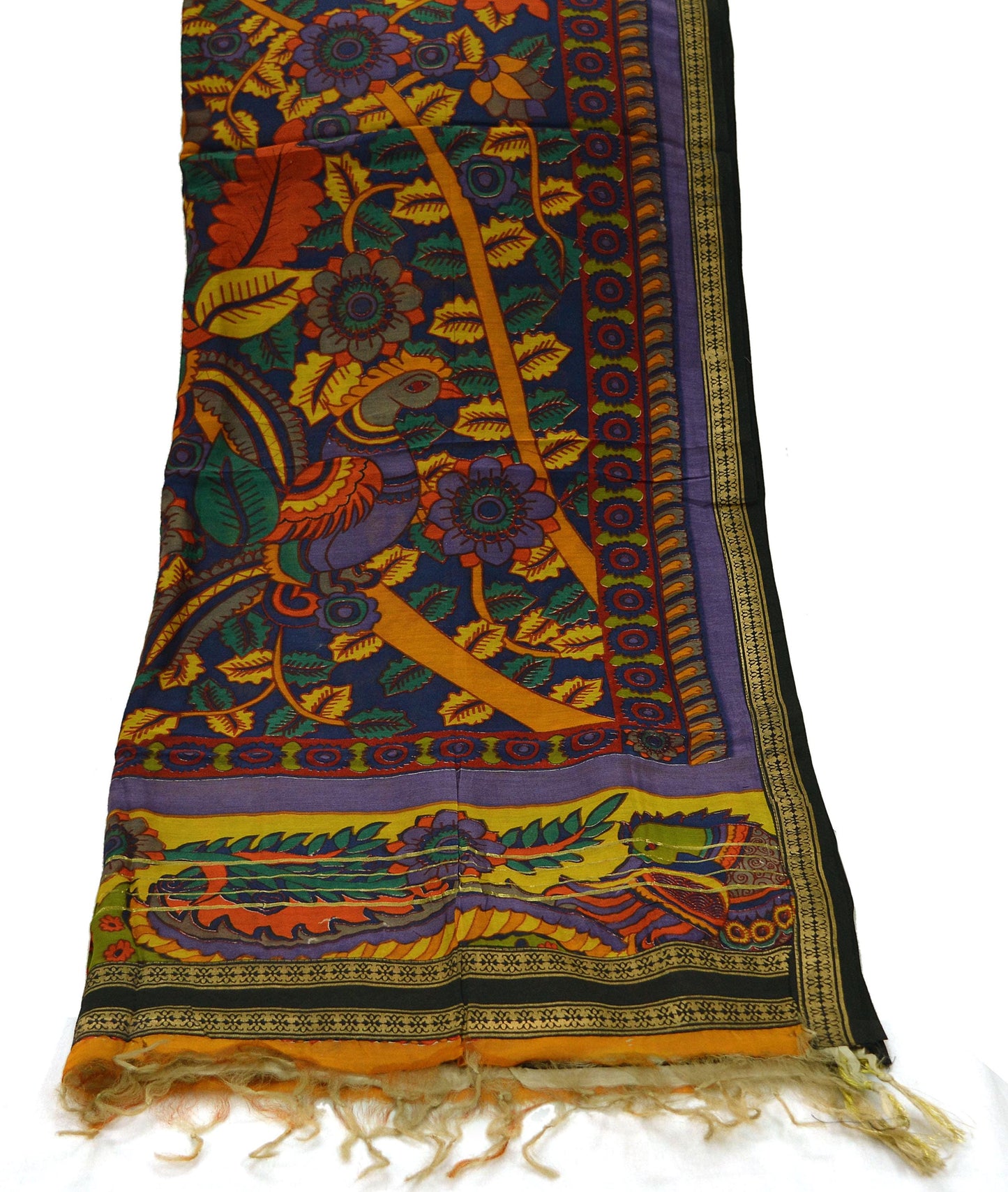 Indian Vintage Blue Dupatta Long Stole Block Print Pure Chanderi Silk Scarves Veil Golden Zari Floral Design For her Peacock