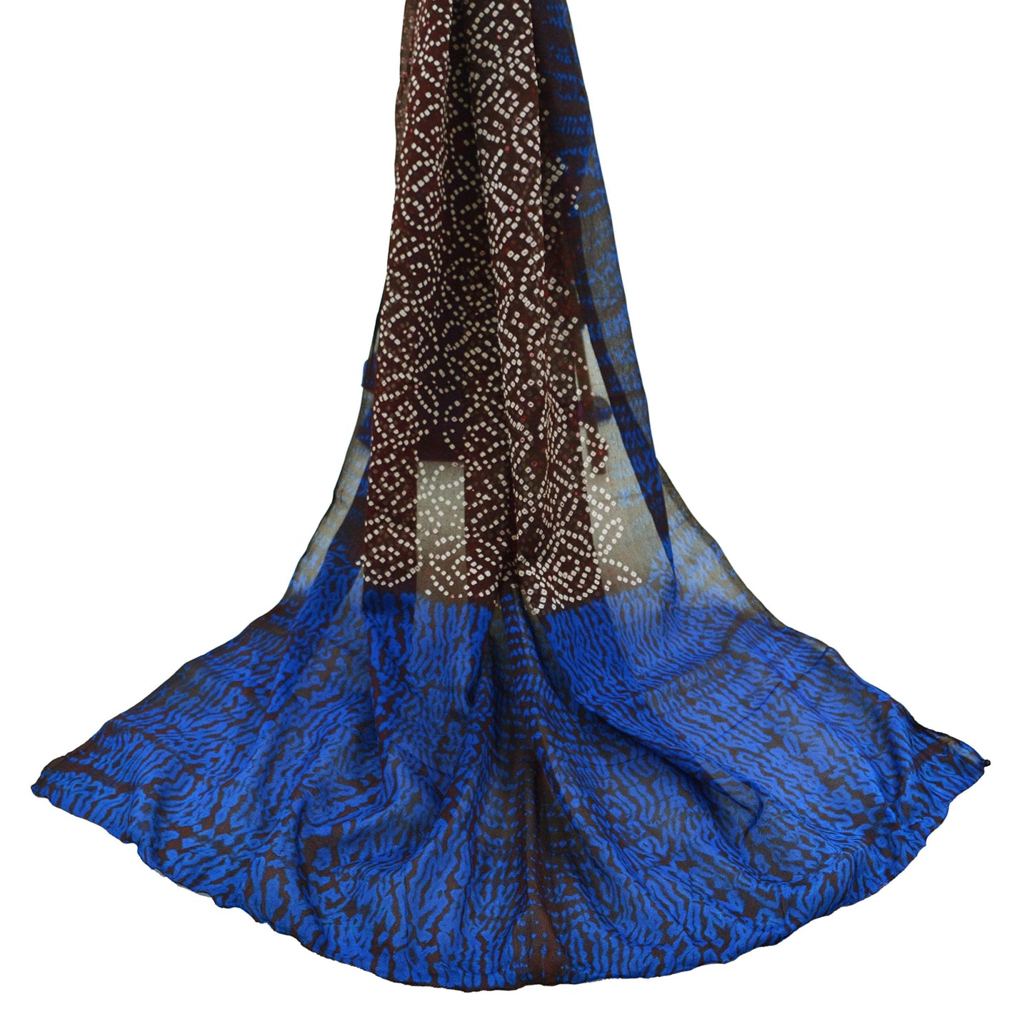 Women Indian Vintage Brown & Blue Dupatta Long Stole Pure silk Bandhani Dupatta Veil Scarves soft Boho Wrap