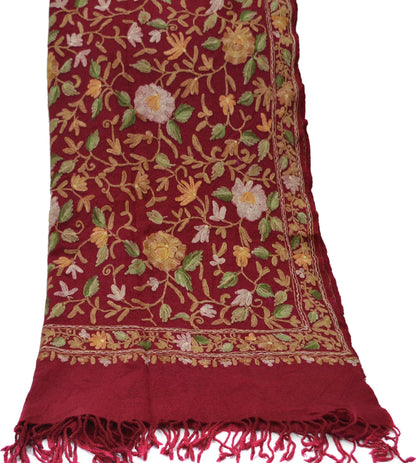 Indian Vintage Red Pure Woolen Shawl Handmade Ari work Long Throw Stole Warm Floral Design Upcycle Crafting Used For her Soft Cozy