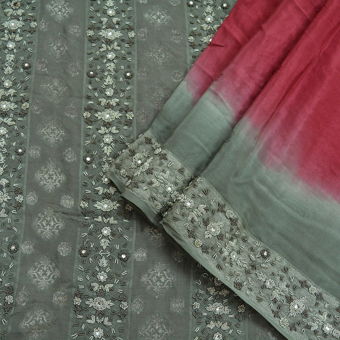 Indian Vintage Sari Pink & Gray Pure Crepe Silk Hand Embroidered Sarees Craft Fabric 6yd Sewing Soft Ethnic Zardozi Dress Making Crafting