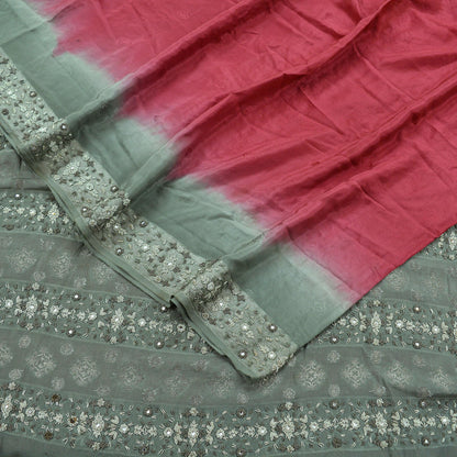 Indian Vintage Sari Pink & Gray Pure Crepe Silk Hand Embroidered Sarees Craft Fabric 6yd Sewing Soft Ethnic Zardozi Dress Making Crafting