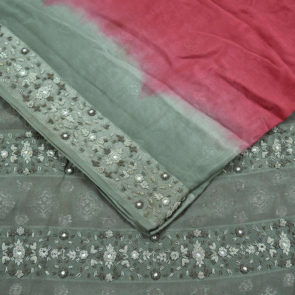 Indian Vintage Sari Pink & Gray Pure Crepe Silk Hand Embroidered Sarees Craft Fabric 6yd Sewing Soft Ethnic Zardozi Dress Making Crafting