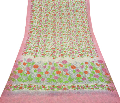 Women Indian Vintage Sari Cream & Pink Pure Georgette Silk Printed Sarees Craft Fabric Sewing 5Yd Soft Dress Making Floral Quilting Crafting