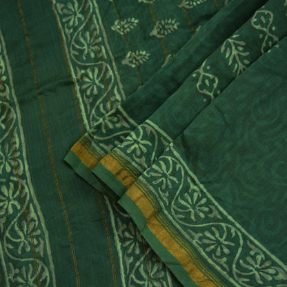 Indian Vintage Green Dupatta Long Stole Block Print Pure Chanderi Silk Scarves Veil Floral Design Upcycle Party wear hijab Zari Border