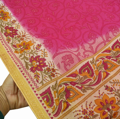 Indian Vintage Pink & Beige Saree Printed 100% Pure Cotton Sari Craft Fabric 5Yd Sewing Sarong Wrap Floral Dress making Quilting Crafting