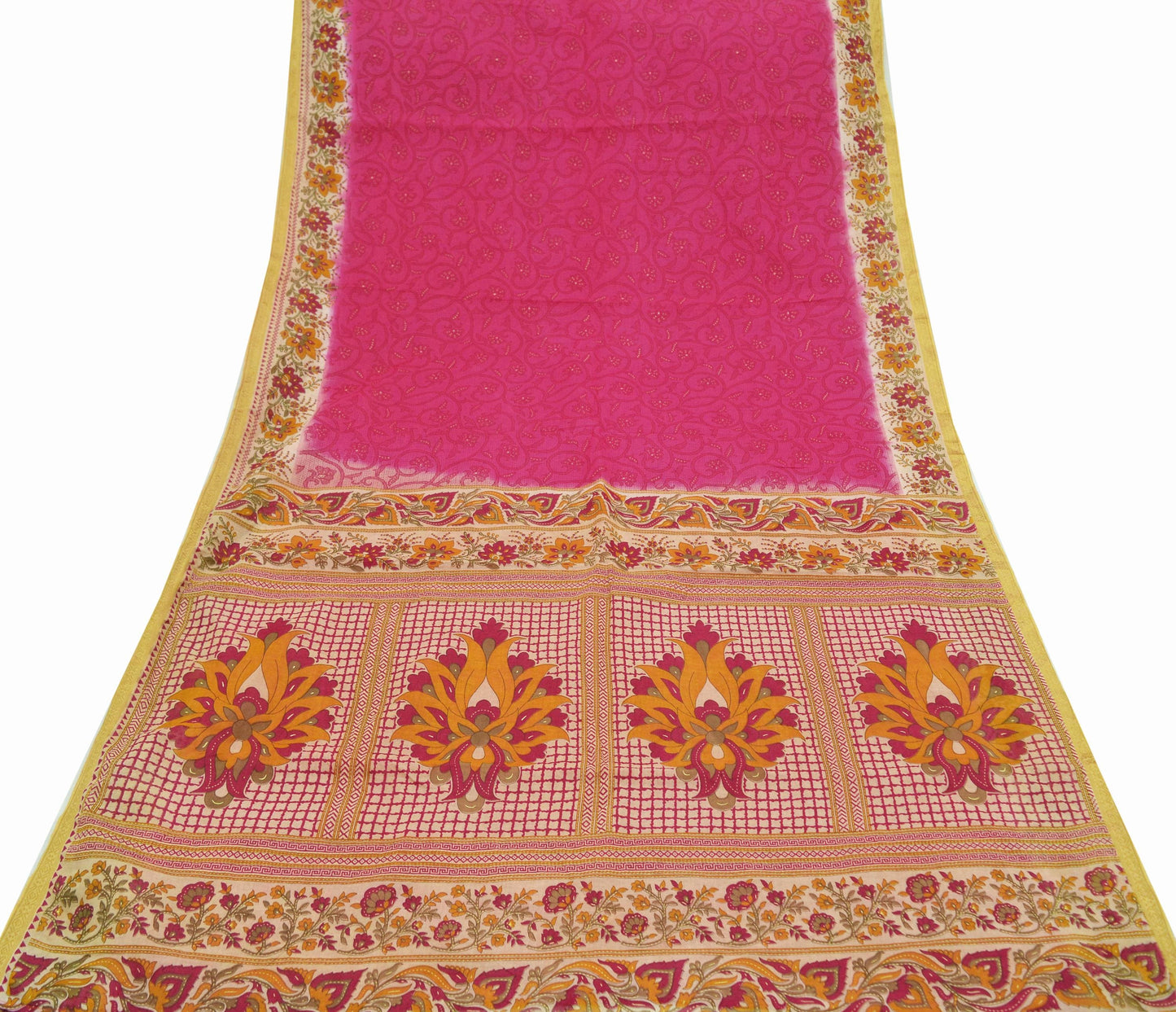 Indian Vintage Pink & Beige Saree Printed 100% Pure Cotton Sari Craft Fabric 5Yd Sewing Sarong Wrap Floral Dress making Quilting Crafting