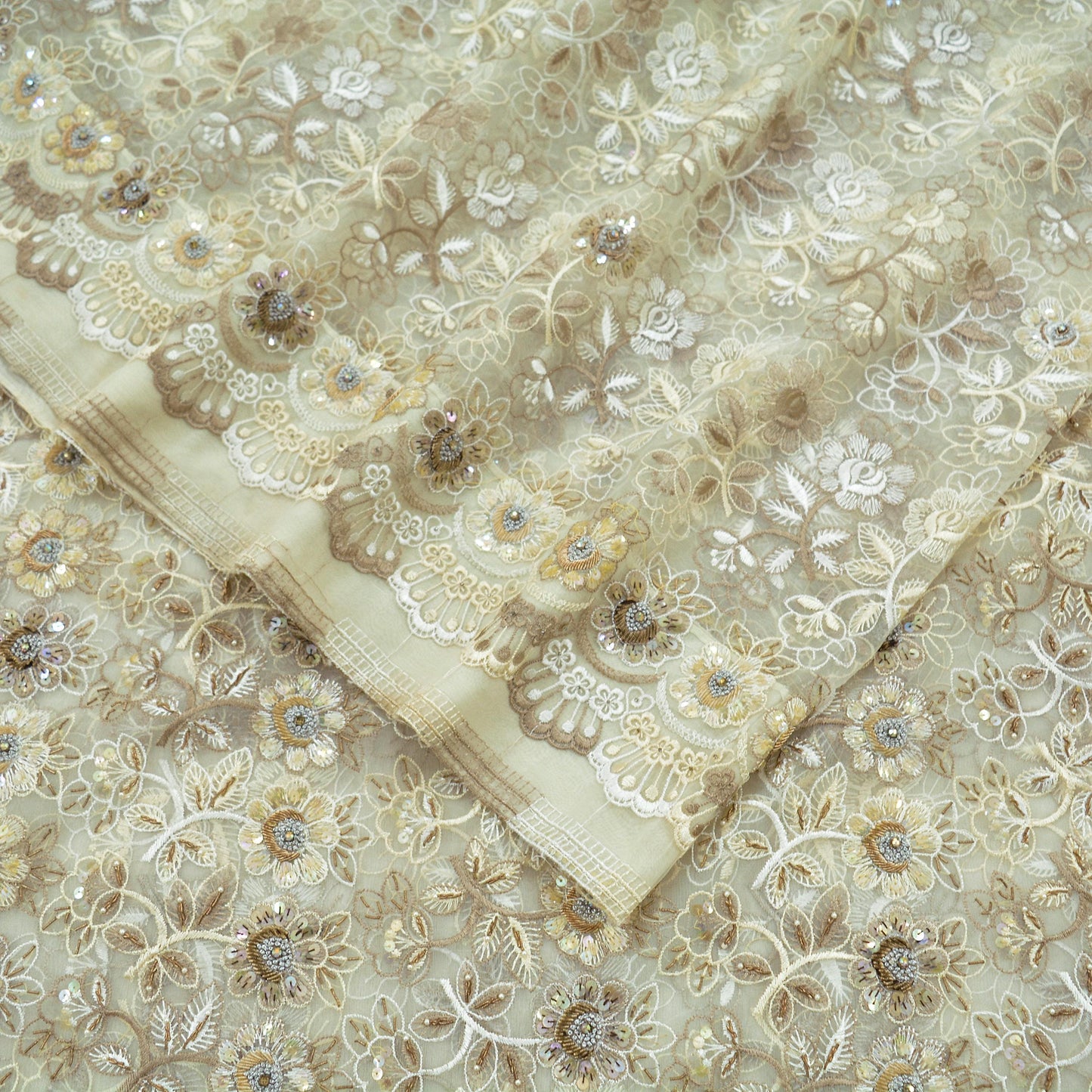 Indian Vintage Heavy Sari Ivory Tissue Hand Embroidered Sarees Fabric 5Yd Sewing Soft Golden Zardozi/Zari Beaded