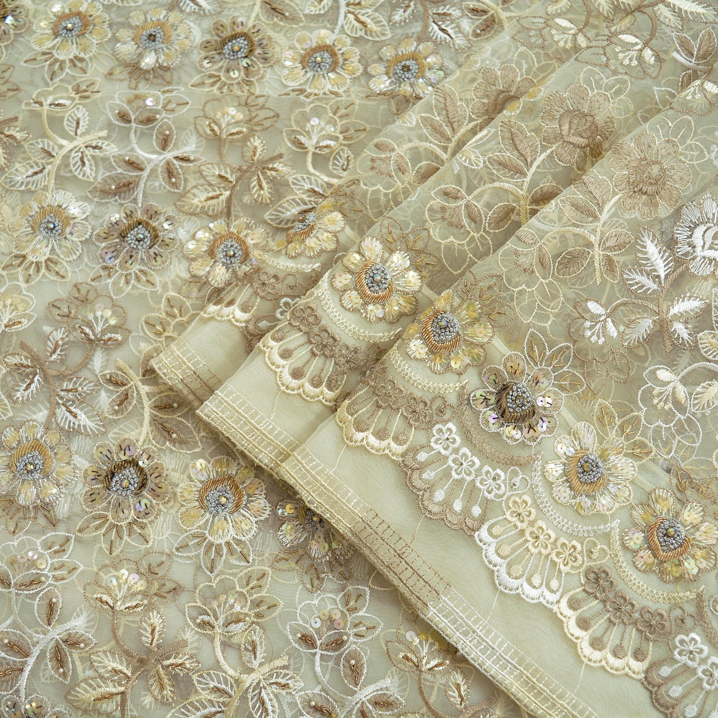 Indian Vintage Heavy Sari Ivory Tissue Hand Embroidered Sarees Fabric 5Yd Sewing Soft Golden Zardozi/Zari Beaded