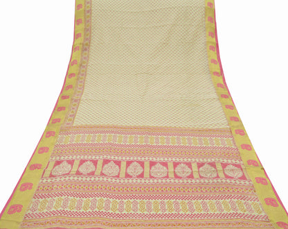 Indian Vintage Sari Ivory Printed Chanderi Cotton Craft Fabric 5Yd Sewing Zigzag Soft Dress Making Bollywood sarees Crafting Zari