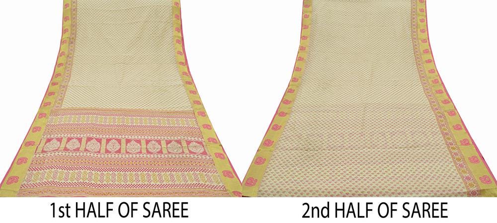 Indian Vintage Sari Ivory Printed Chanderi Cotton Craft Fabric 5Yd Sewing Zigzag Soft Dress Making Bollywood sarees Crafting Zari