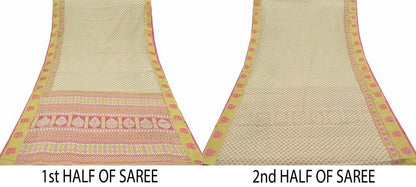 Indian Vintage Sari Ivory Printed Chanderi Cotton Craft Fabric 5Yd Sewing Zigzag Soft Dress Making Bollywood sarees Crafting Zari