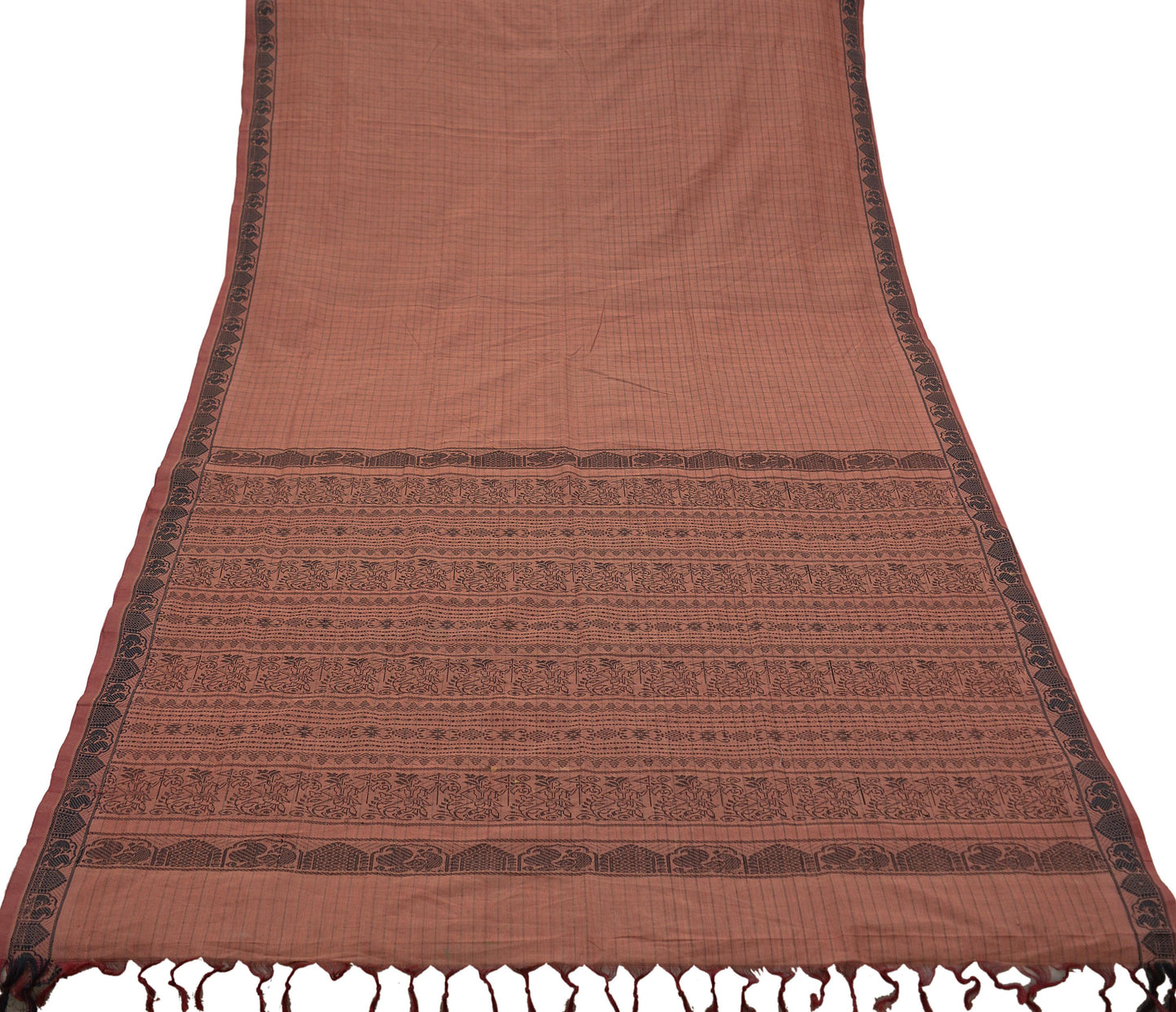 Indian Vintage Sari Brown Pure Cotton Hand Woven Baluchari Saree 5yard Ethnic Humans Fringes