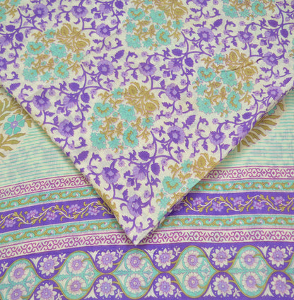 Indian Vintage Sari Purple & Ivory Pure Cotton Printed Saree 5Yd Craft Fabric Sewing Sarong Wrap Boho Floral Quilting crafting dressmaking