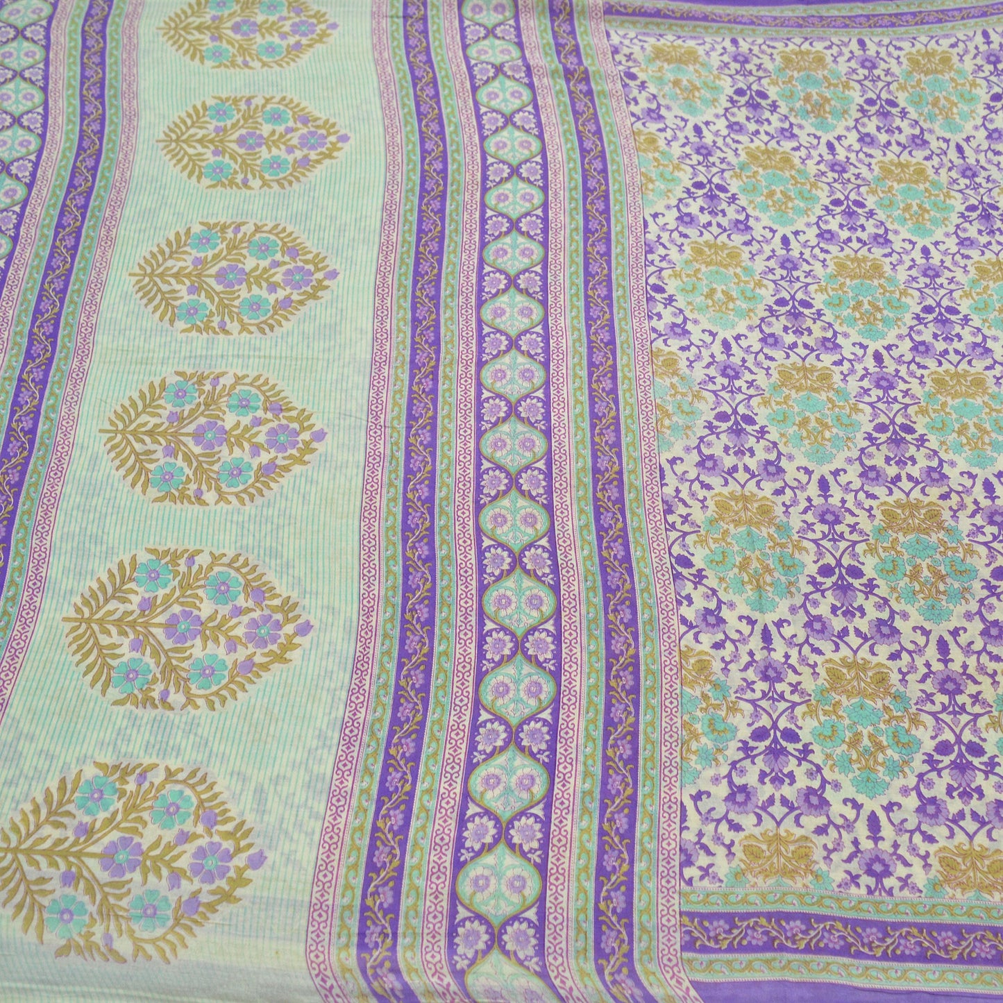 Indian Vintage Sari Purple & Ivory Pure Cotton Printed Saree 5Yd Craft Fabric Sewing Sarong Wrap Boho Floral Quilting crafting dressmaking