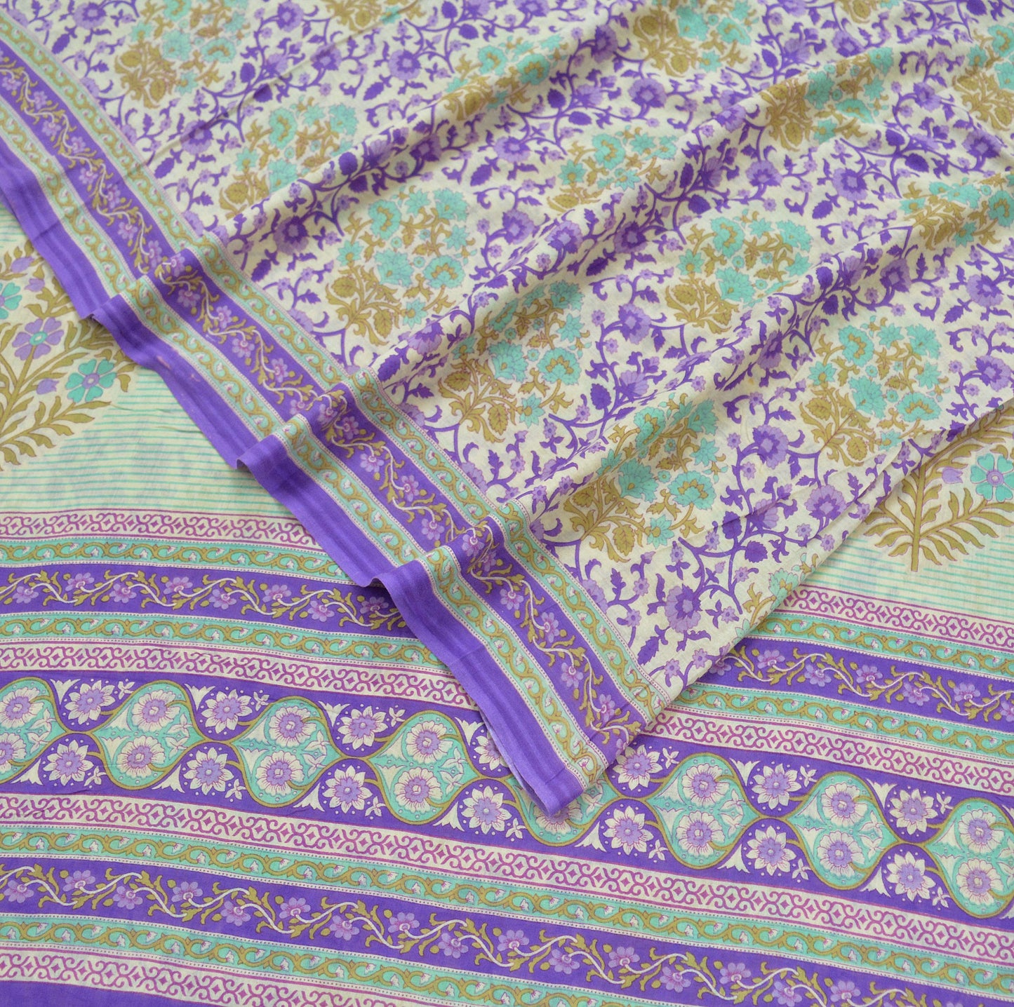 Indian Vintage Sari Purple & Ivory Pure Cotton Printed Saree 5Yd Craft Fabric Sewing Sarong Wrap Boho Floral Quilting crafting dressmaking