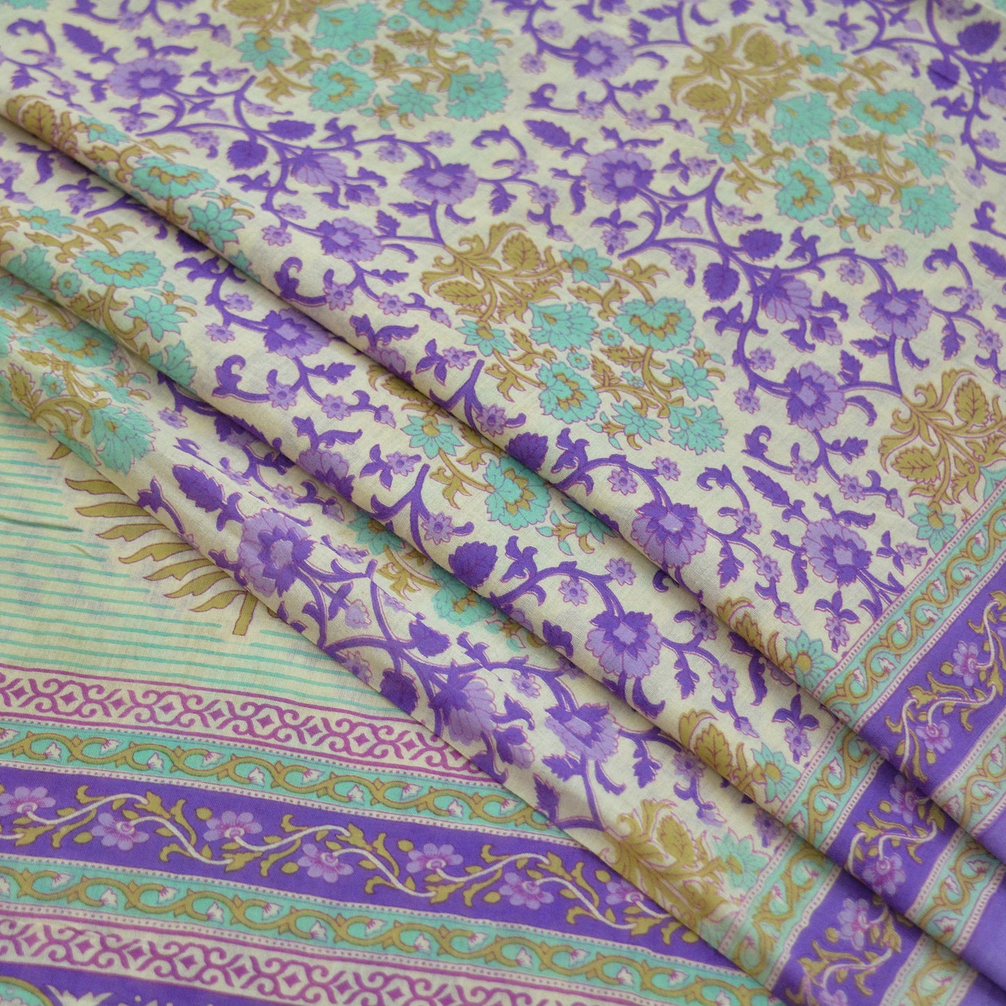 Indian Vintage Sari Purple & Ivory Pure Cotton Printed Saree 5Yd Craft Fabric Sewing Sarong Wrap Boho Floral Quilting crafting dressmaking