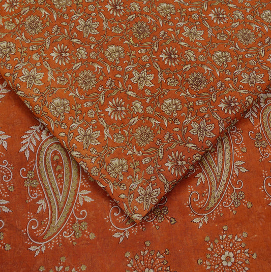 Indian Vintage Sari Orange Pure Cotton Printed Saree Craft Fabric 5Yd Sewing Sarong Wrap Dress Making Quilting Crafting For Designing