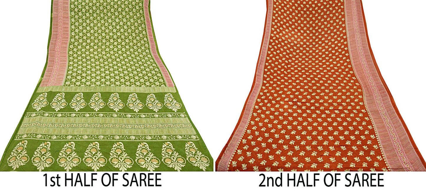 Indian Vintage Sari Green & Orange Printed Pure Cotton Sarees Craft Soft Fabric 5Yard Sewing Sarong Wrap Boho Floral Upcycle Dress making