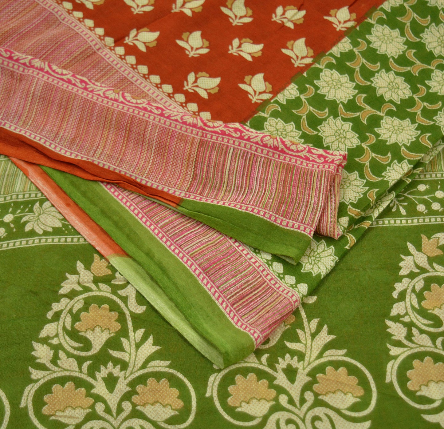 Indian Vintage Sari Green & Orange Printed Pure Cotton Sarees Craft Soft Fabric 5Yard Sewing Sarong Wrap Boho Floral Upcycle Dress making