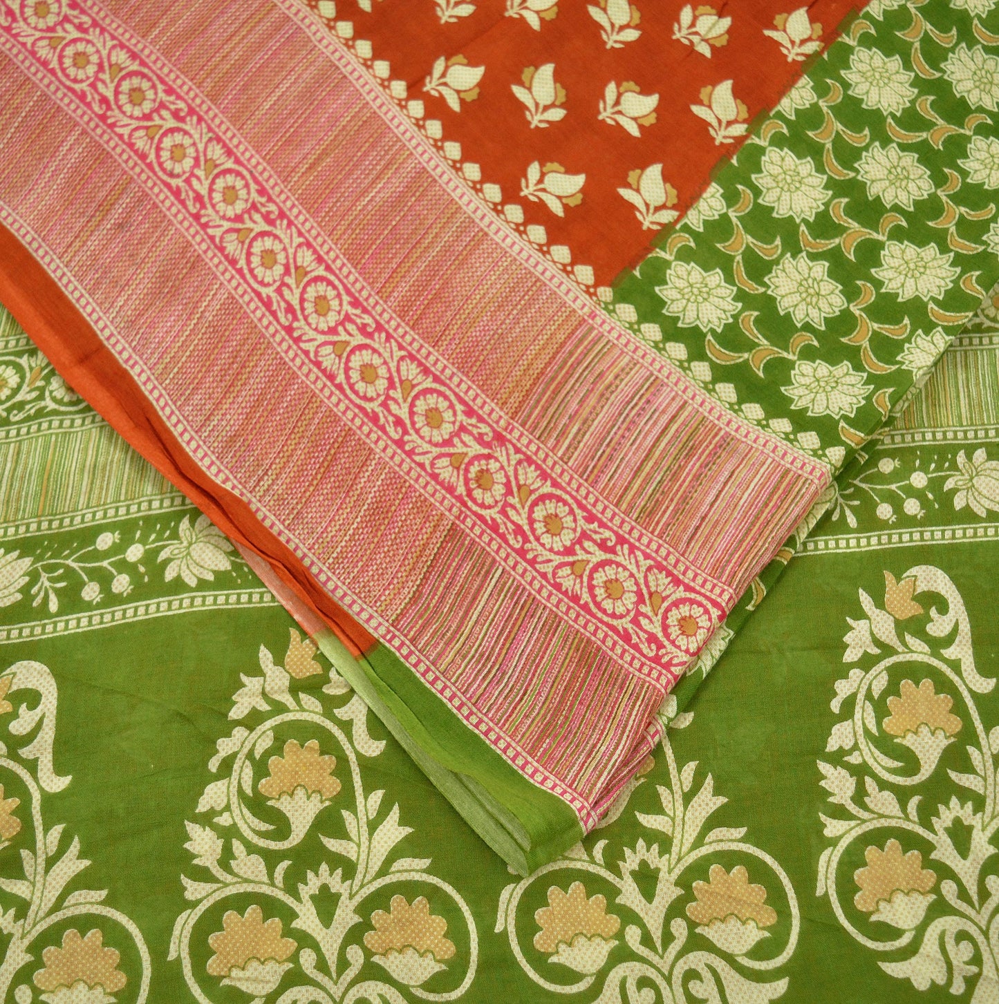 Indian Vintage Sari Green & Orange Printed Pure Cotton Sarees Craft Soft Fabric 5Yard Sewing Sarong Wrap Boho Floral Upcycle Dress making